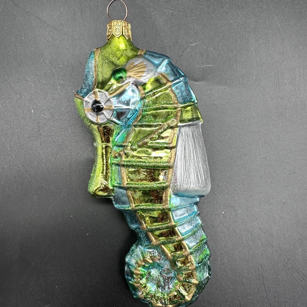 GLASS BLOWN VINTAGE SEAHORSE ORNAMENT 5.5" Green Blue Silver‎ Sea Life